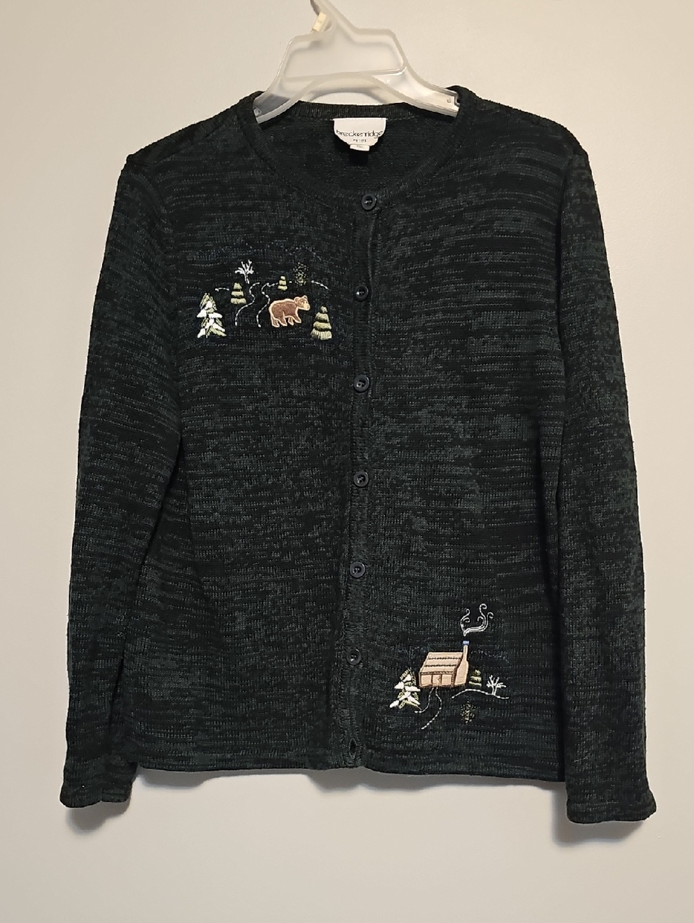 Breckenridge Medium Petite Forest Green Button Bear & Cabin Embroidery Cardigan